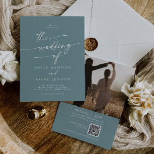 Convites Boho Chic Seafoam Teal Foto QR Code Casamento