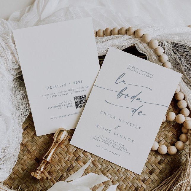 Convites Boho Chic Slate Blue Código QR Casamento espanhol (Criador carregado)