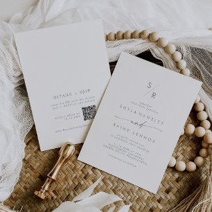 Convites Boho Chic Slate Blue Monograma Código QR Casamento