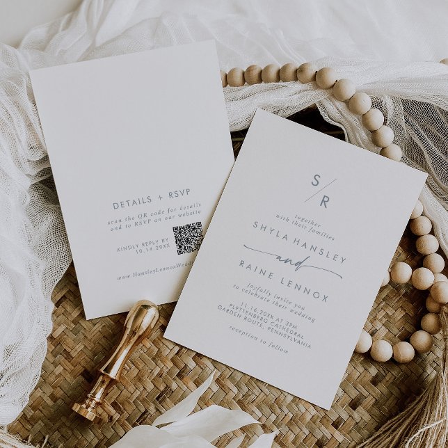 Convites Boho Chic Slate Blue Monograma Código QR Casamento (Criador carregado)