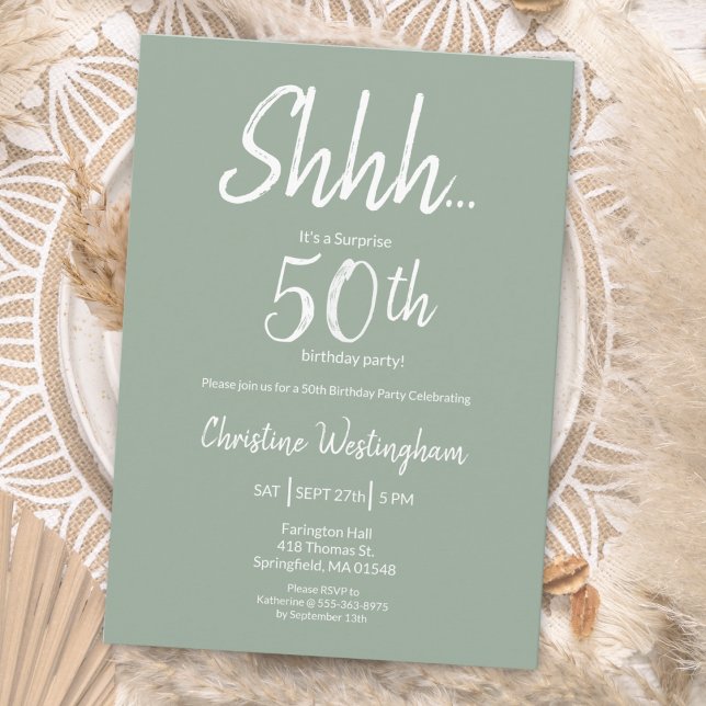 Convites Boho Chic Verde Salvia Surpresa 50º Aniversário (Criador carregado)