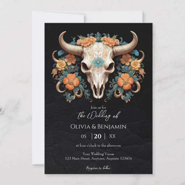 Convites Boho Chic Watercolor Vaca Floral Casamento Crânio (Frente)
