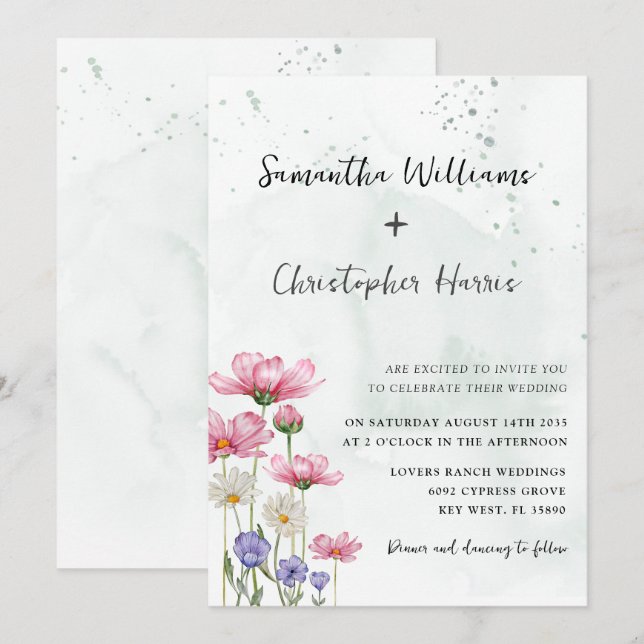 Convites Boho Chic Wild Flower Watercolor Casamento (Frente/Verso)