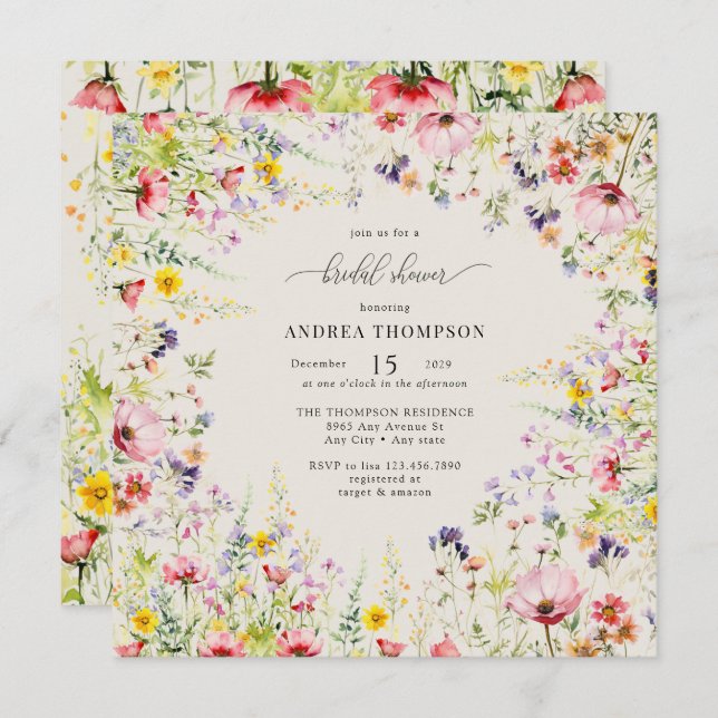 Convites Boho Chic Wildflower Chá de panela (Frente/Verso)