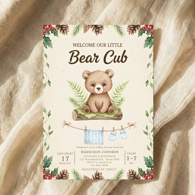 Convites boho chic woodland bear greenery baby shower (Criador carregado)