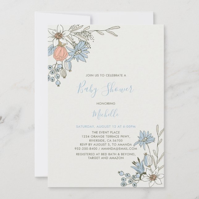 Convites Boho chique Floral Azul Primavera  Chã de Bebê (Frente)