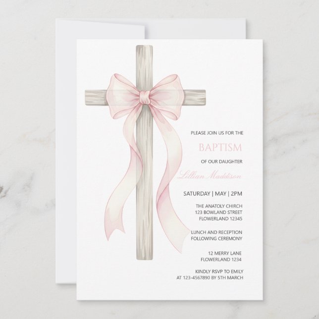 Convites Boho Christening Baptism girl bow invitation (Frente)