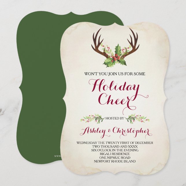 Convites Boho Christmas Invite ~ Rustic Deer Antler (Frente/Verso)