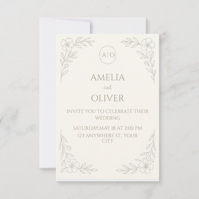 Convites Boho Clássico e Casamento Minimalista Floral (Frente)