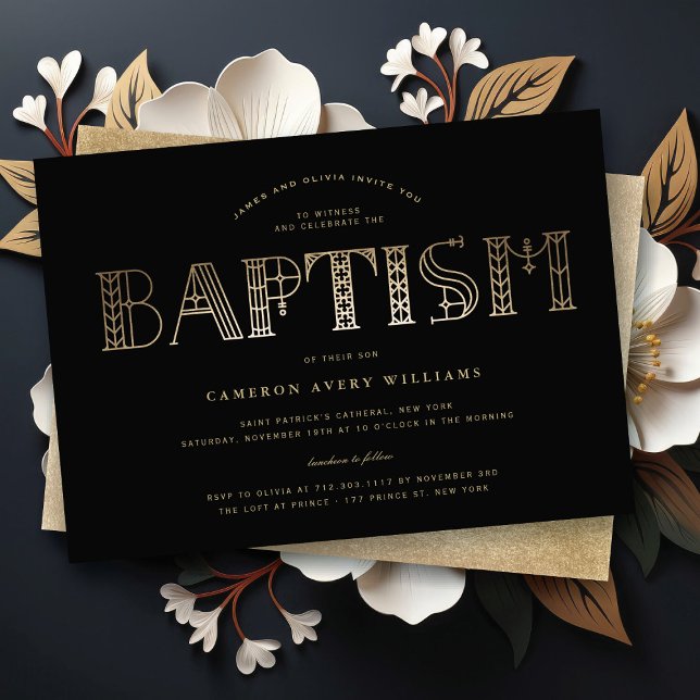 Convites Boho Classy Dourado/Tipografia Negra Batismo Elega (Boho Classy Gold/Black Typography Elegant Baptism Religious Invitation @ fat_fa_tin)