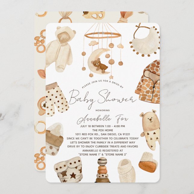 Convites Boho Clothes Nursery Drive-by Chá de fraldas Invit (Frente/Verso)