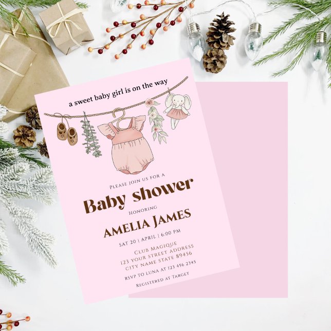 Convites Boho Clothesline Girl Chá de fraldas de roupas par (Criador carregado)