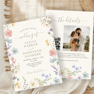 Convites Boho código QR em escrita verde sage de flores sil
