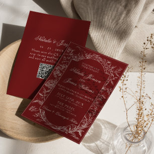 Convites Boho Código QR Floral Vermelho Intenso Botânico Ca