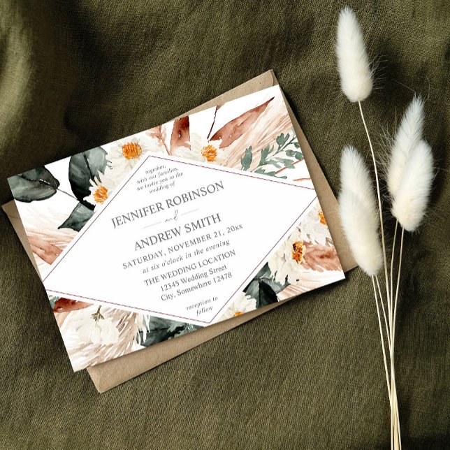 Convites Boho Copper Pampas Grass & Beige Casamento Floral (Criador carregado)