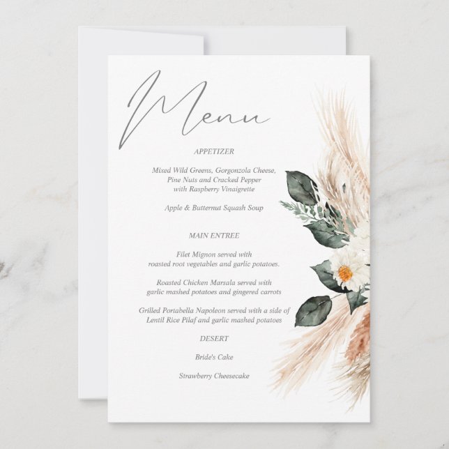 Convites Boho Copper Pampas Grass & Beige Floral Menu (Frente)