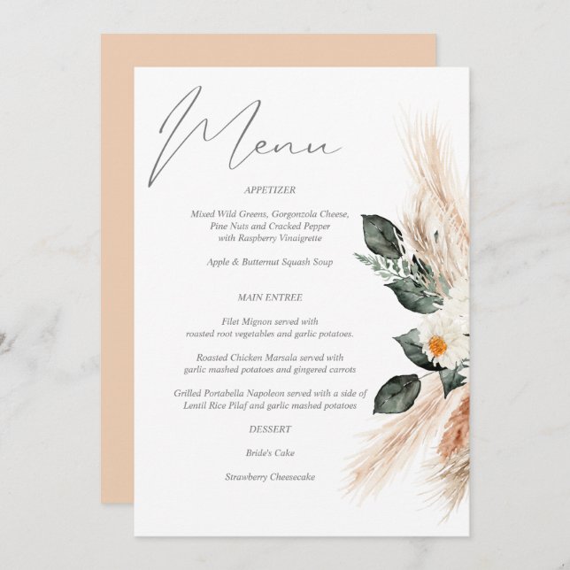 Convites Boho Copper Pampas Grass & Beige Floral Menu Invit (Frente/Verso)