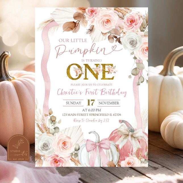 Convites Boho Coquette Abóbora Rosa Aniversário de 1 ano (Criador carregado)