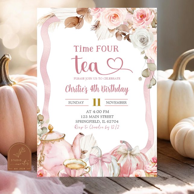 Convites Boho Coquette Rosa Tempo QUATRO chá Aniversário (Criador carregado)