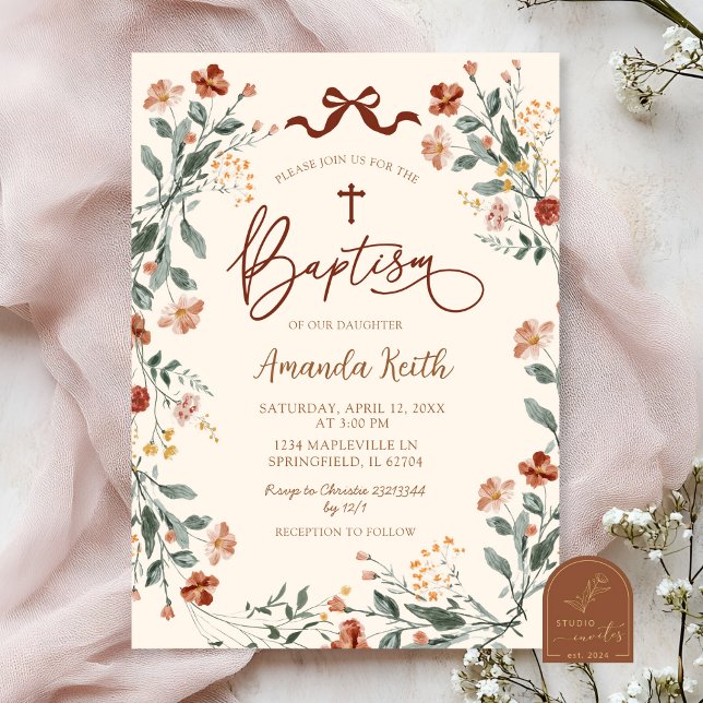 Convites Boho Coquette Wildflower Baptism (Criador carregado)