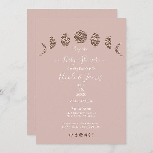 Convites Boho Cor-de-Rosa Brilhante Lua Foca Chá de fraldas (Frente/Verso)