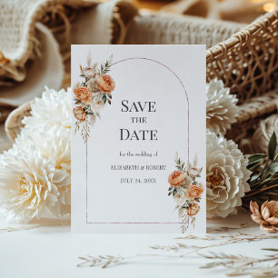 Convites Boho Coral e Pêssego Arco Floral Seco Salve a Data