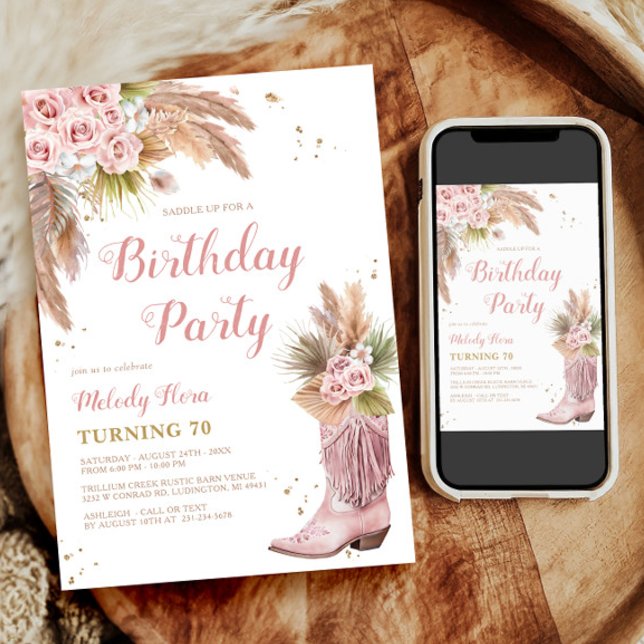 Convites Boho Cowgirl Boot Pampas Grass Rosa 70 Aniversário (Boho Cowgirl Boot Pampas Grass Roses 70th Birthday Invitation)