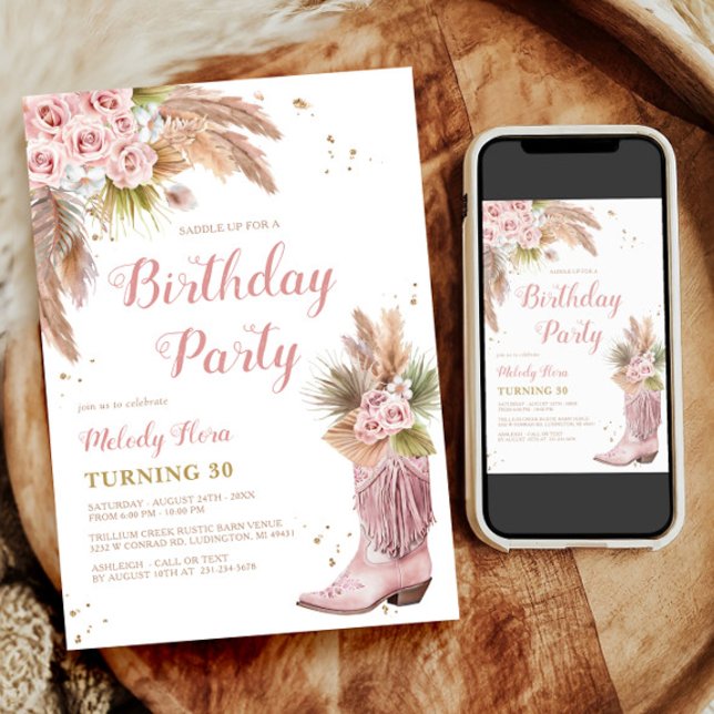 Convites Boho Cowgirl Boot Pampas Rosa aniversário de 30 an (Boho Cowgirl Boot Pampas Grass Roses 30th Birthday Invitation)