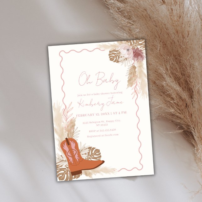 Convites Boho CowGirl Boots Chá de fraldas Pampas Grass (Boho Cowgirl Boots Pampas Grass Baby Shower Invitation)