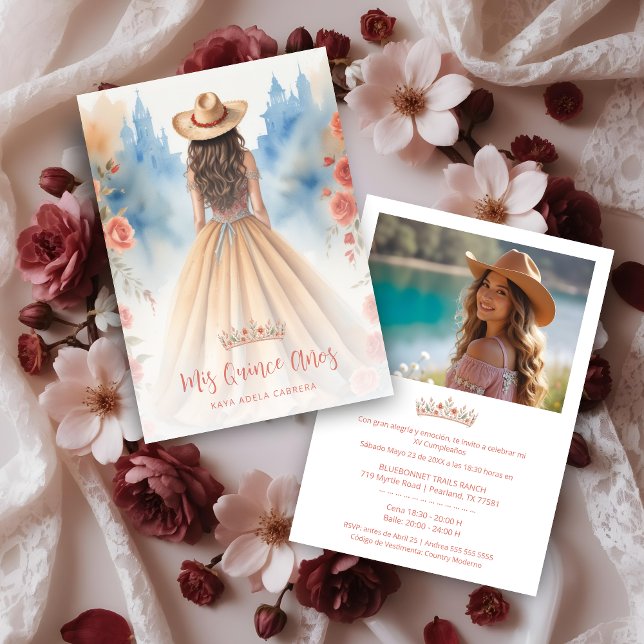 Convites Boho Cowgirl Charming Quinceañera with Hat  (Boho Cowgirl Charming Quinceañera with Hat Invitation Cards in Spanish with Back Custom Photo.)