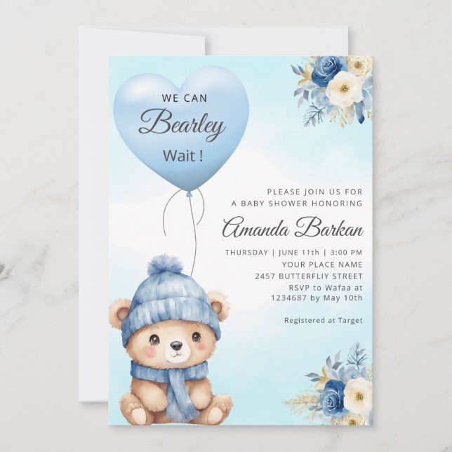 Convites Boho Cute Boy Teddy Bear Blue Balloon Chá de frald (Frente)