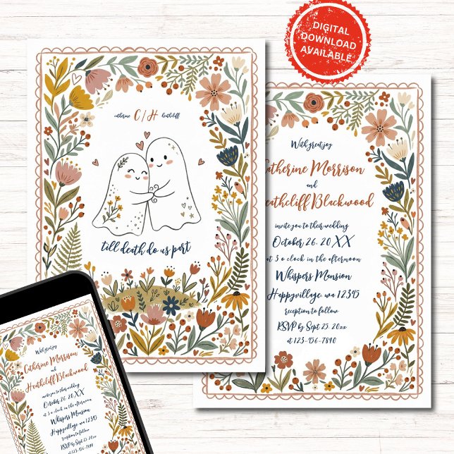 Convites Boho Cute Ghosts Wedding Invitation (Criador carregado)