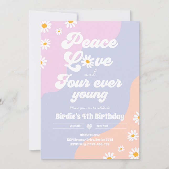 Convites Boho Daisy 4º Aniversário Paz Ama Quatro Nunca Jov (Frente)