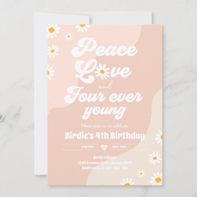 Convites Boho Daisy 4º Aniversário Paz Ama Quatro Nunca Jov (Frente)