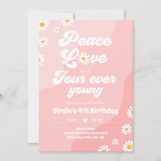 Convites Boho Daisy 4º Aniversário Paz Ama Quatro Nunca Jov (Frente)