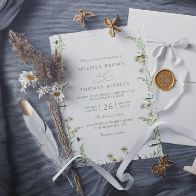 Convites Boho Daisy Beidge Wildflower QR Code Wedding (Criador carregado)