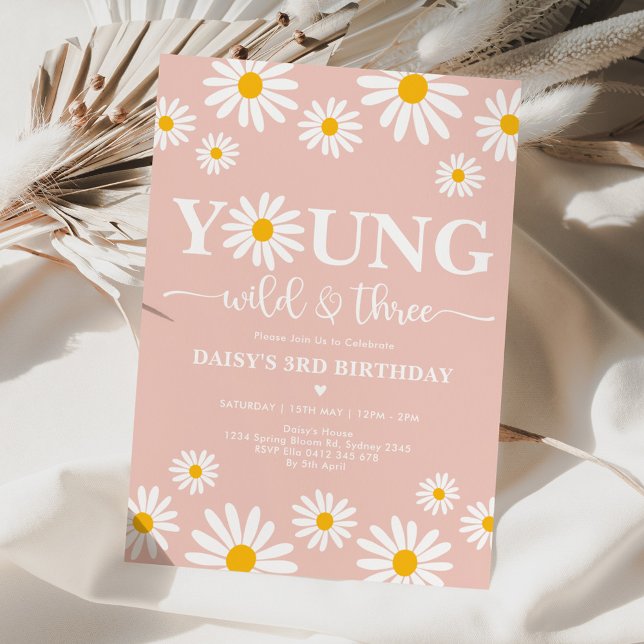 Convites Boho Daisy Floral Young Wild & Three aniversário d (Criador carregado)