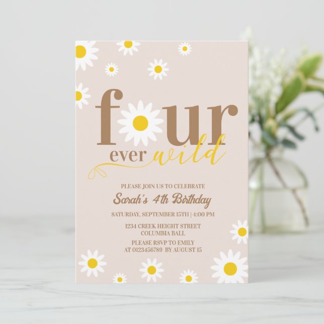Convites Boho Daisy Four Ever Wild 4th Birthday (Em pé/Frente)