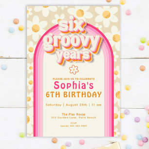 Convites Boho Daisy Rainbow Birthday, seis anos de Groovy