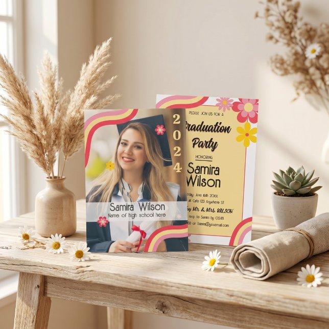 Convites Boho Daisy Retro Verde Sage Foto Festa de Formatur (Boho Daisy Retro Text Photo Graduation Party Invitation)