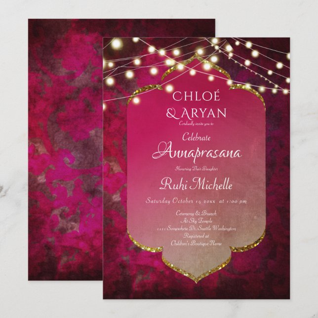 Convites Boho Damask Inspirado em Indiano em Rosa Profundo (Frente/Verso)