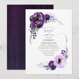 Convites Boho Dark Purple Floral Royal Chá de fraldas