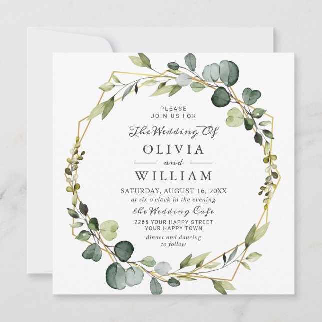 Convites Boho de Casamento de Frame Eucalyptus Wreath Moder (Frente)