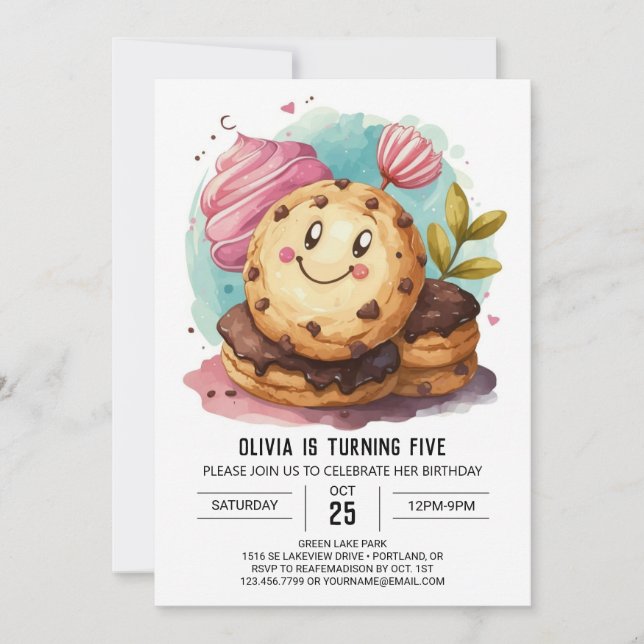 Convites Boho de Diversão de Aquarela Cookies Aniversário (Frente)