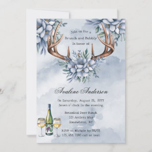 Convites Boho Deer Antler Blue Floral Brunch & Bubble