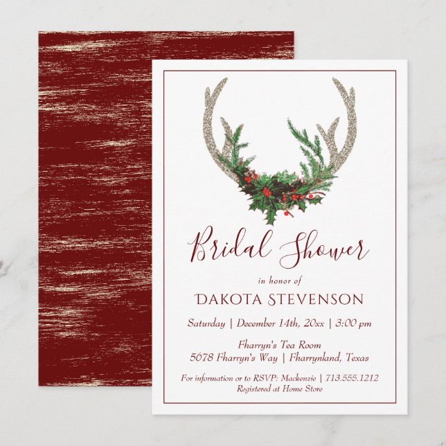 Convites Boho Deer Antlers | Chá de panela de Natal russo (Frente/Verso)