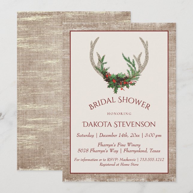 Convites Boho Deer Antlers | Chá de panela de Natal russo (Frente/Verso)