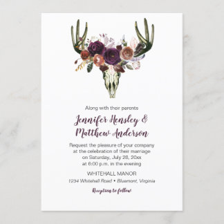 Convites Boho Deer Skull Dark Purple Floral Buquê Casamento