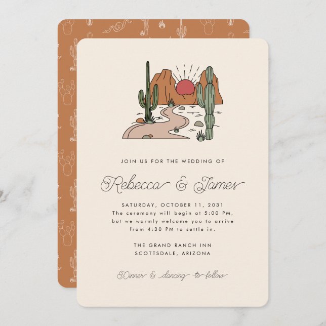 Convites Boho Desert Cactus Modern Script Wedding (Frente/Verso)