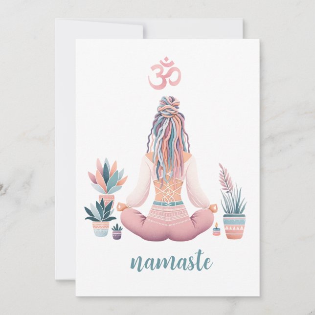 Convites Boho Design- Frau mit Dreadlocks- Meditation- OM (Frente)